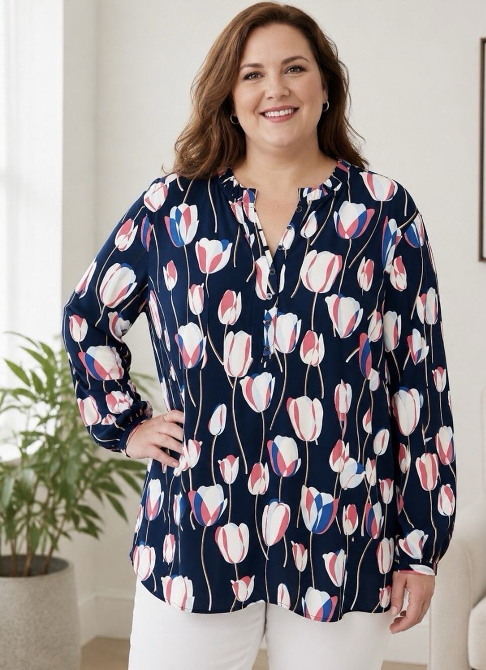 Talbots Popover Ruffle-Trim Tulip Print Navy Blue Pink Flowy Blouse Plus Size 3X